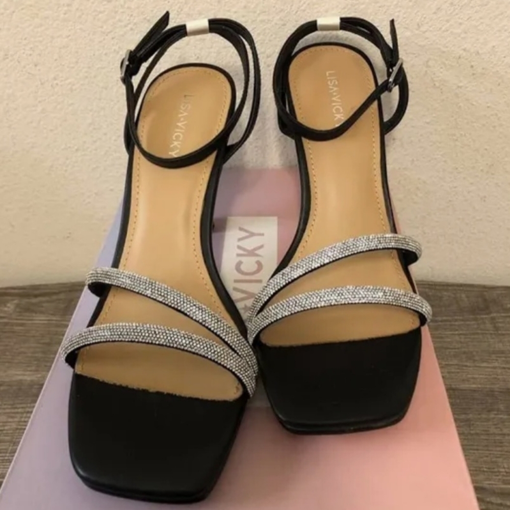 Lisa & Vicky Black & Silver Ankle Strap Heel